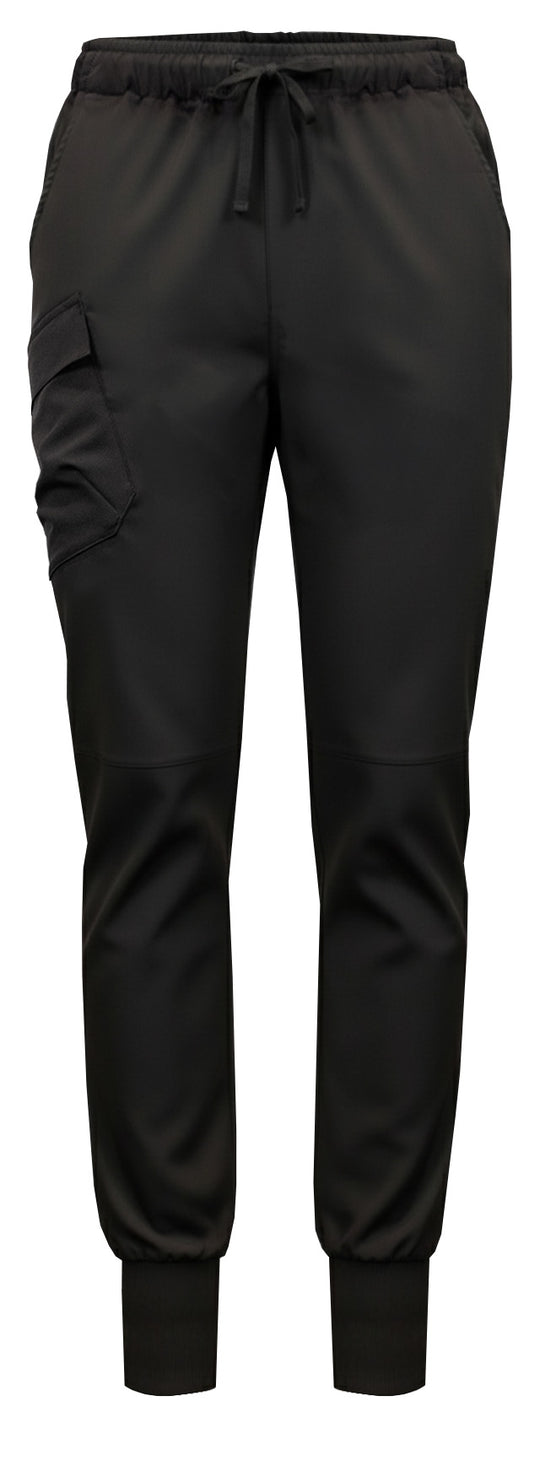 Kuvassa mustat joustavat työhousut säädettävällä vyötärönauhalla. Lahkeissa säädettävät resorit. 