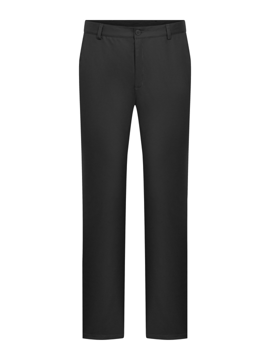 Mustat housut. Kapea, suora malli. Vetoketju-ja nappikiinnitys. Vyönlenkit, sivutaskut. 