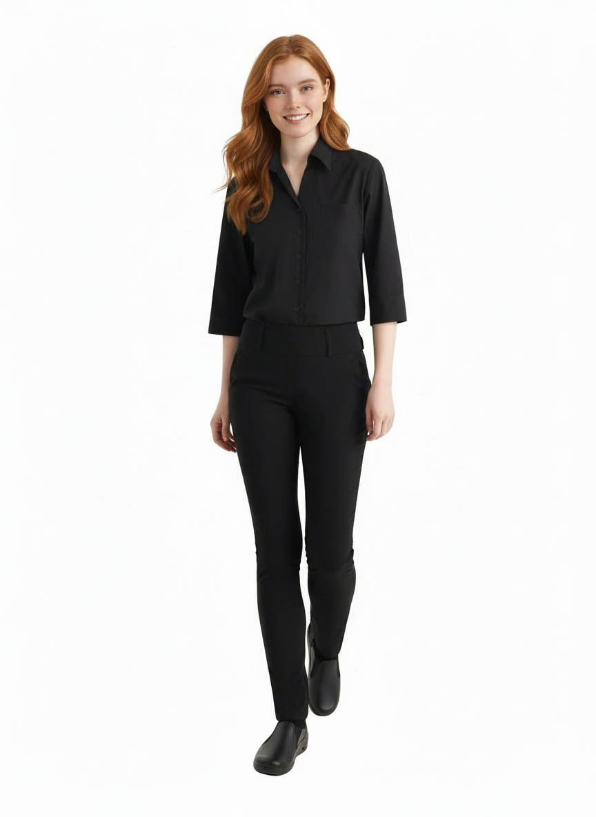 Kuvassa naismallilla päällä musta paitapusero 3/4-hihalla, mustat Tilda-housut sekä Rumba-työjalkineet. 