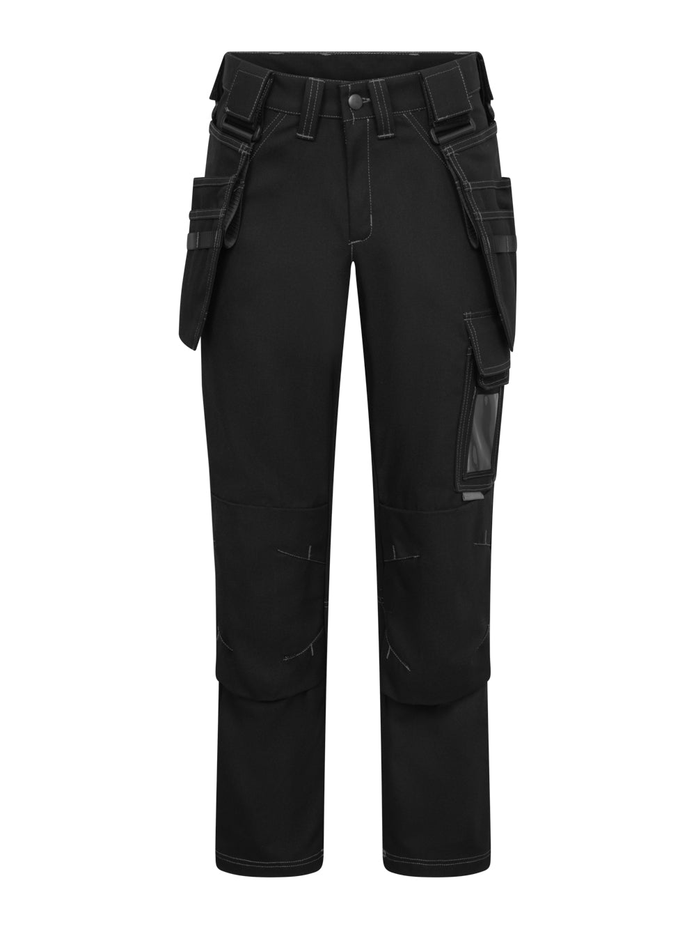 Mustat miesten työhousut, valkoisilla tikkauksilla, edestäpäin kuvattuna. 