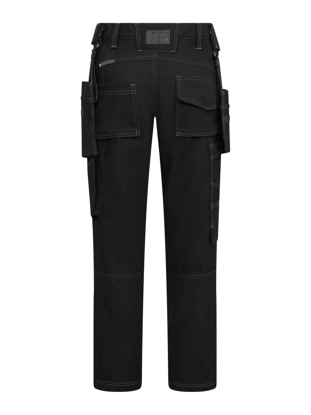 Mustat miesten työhousut, valkoisilla tikkauksilla, takaapäin kuvattuna. 