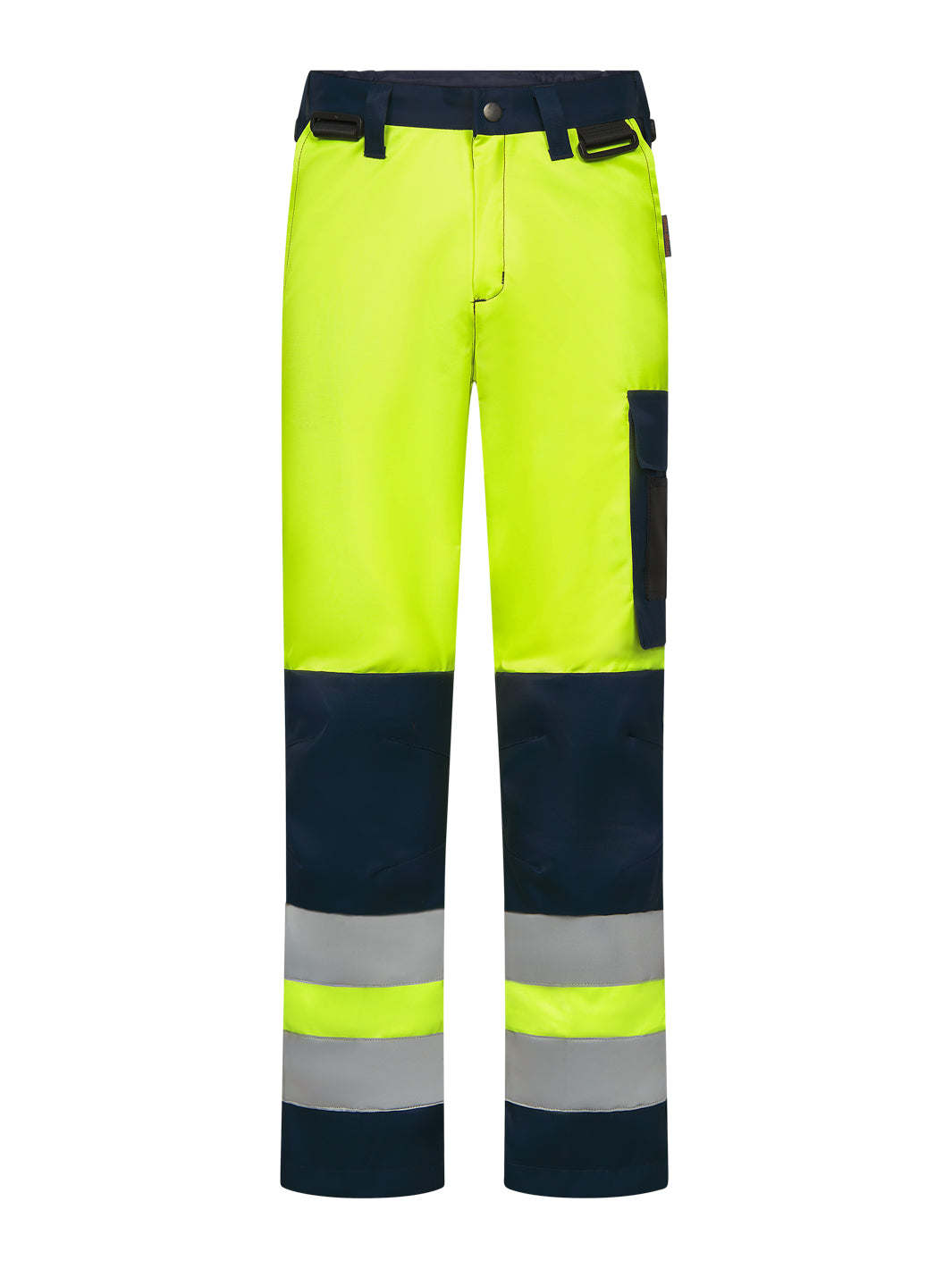 Keltaiset varoitushousut. Vasemmalla puolella läpällinen, tarralla suljettava reisitasku, jossa henkilökorttitasku. Oikealla puolella mittatasku, puukkotasku ja kynätasku. Läpällinen, tarralla suljettava takatasku. Lahkeessa heijastinnauhat. 