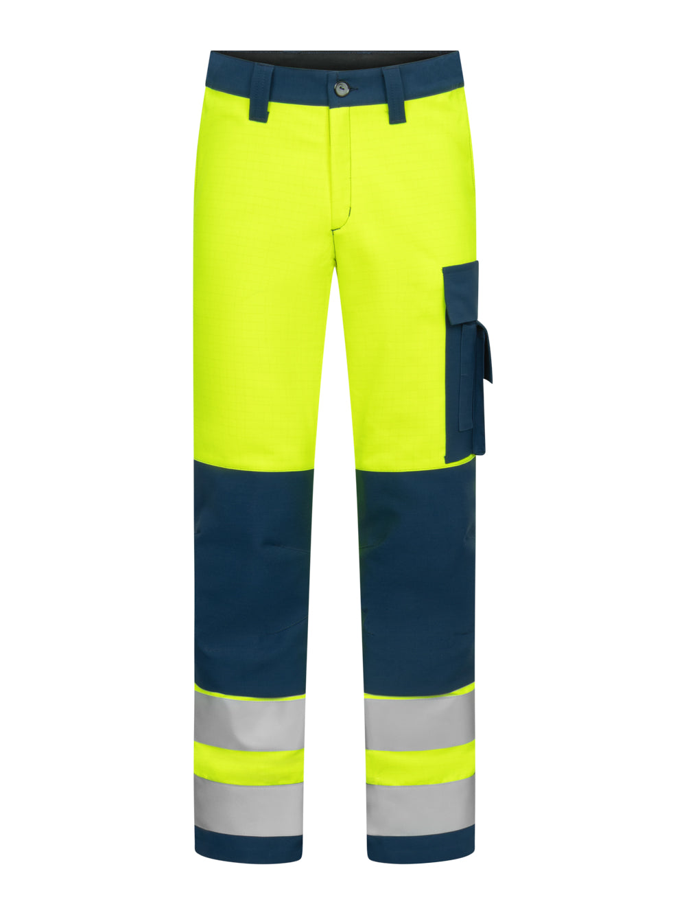 Palosuojatut varoitushousut kelta-sinisenä. Iso reisitasku vasemmalla, sivutaskut ja heijastinnauhat lahkeissa. 