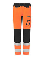 Naisten näkyvät oranssit varoitusjoustohousut. Lahkeensuissa heijastinnauhat. Taskullinen reisitasku, jossa myös henkilökorttikotelo. 