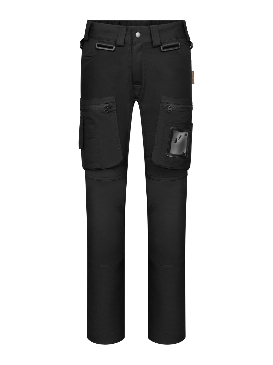 Naisten mustat joustavat reisitaskuhousut. Vyötäröllä vyönlenkit ja ripustuslenkit riipputaskuille, paljon erilaisia taskuja, korttikotelo. Sivutaskut. 