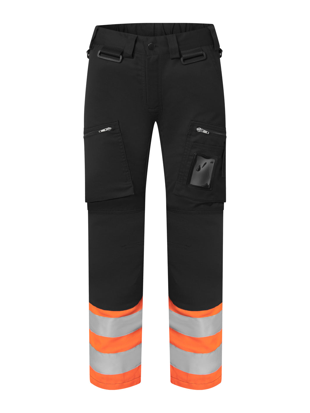 Mustat reisitaskuhousut. Housuissa lahkeessa oranssi varoitusvärinen kaistale ja heijastinnauhat.