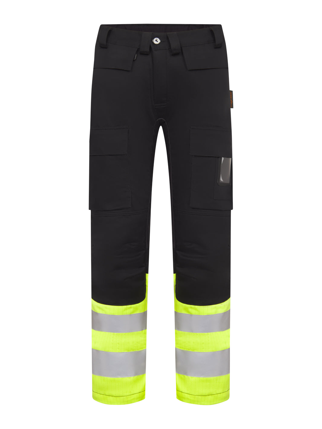 Palosuojatut naisten varoitushousut mustat, lahkeet keltaiset.
Multinorm-housuista ei taskuja puutu: sivutaskut, vetoketjulliset reisitaskut oikealla ja vasemmalla, vasemman reisitaskun päällä tasku, ID-korttitasku sekä tasku puhelimelle. Lahkeissa heijastinnauhat. 