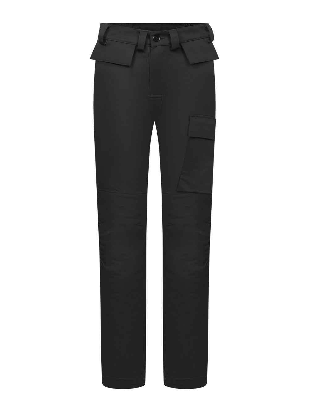 Palosuojatut mustat työhousut. Vyötäröllä läpälliset taskut ja reisitasku. 