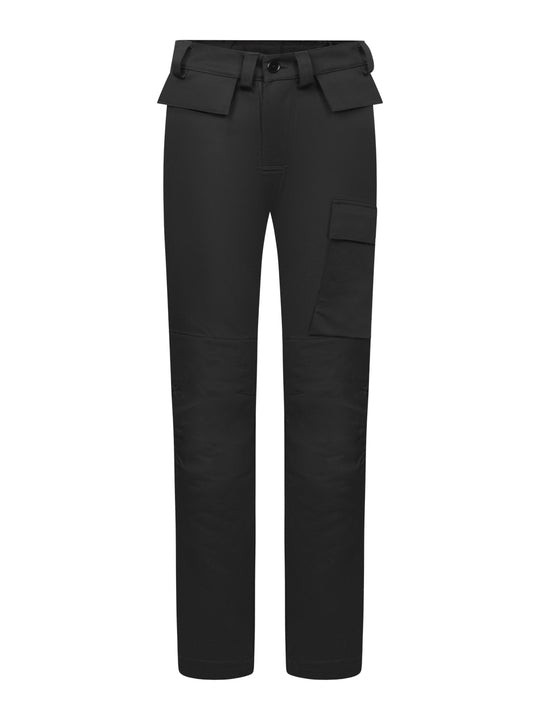 Palosuojatut mustat työhousut. Vyötäröllä läpälliset taskut ja reisitasku. 