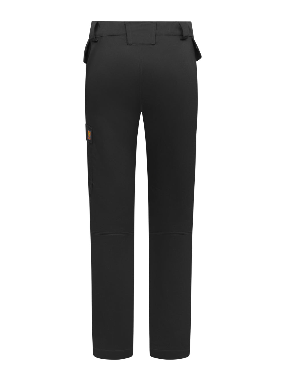 Palosuojatut mustat työhousut takaapäin kuvattuna. 