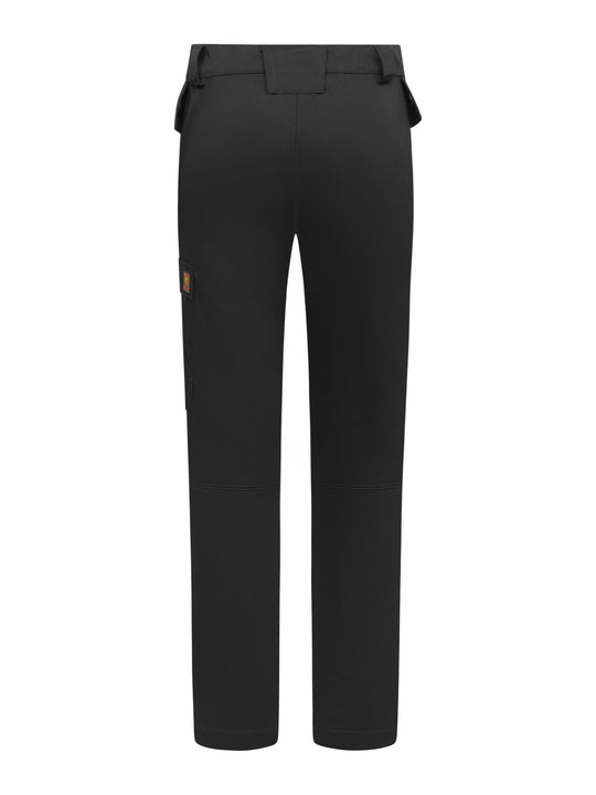 Palosuojatut mustat työhousut takaapäin kuvattuna. 