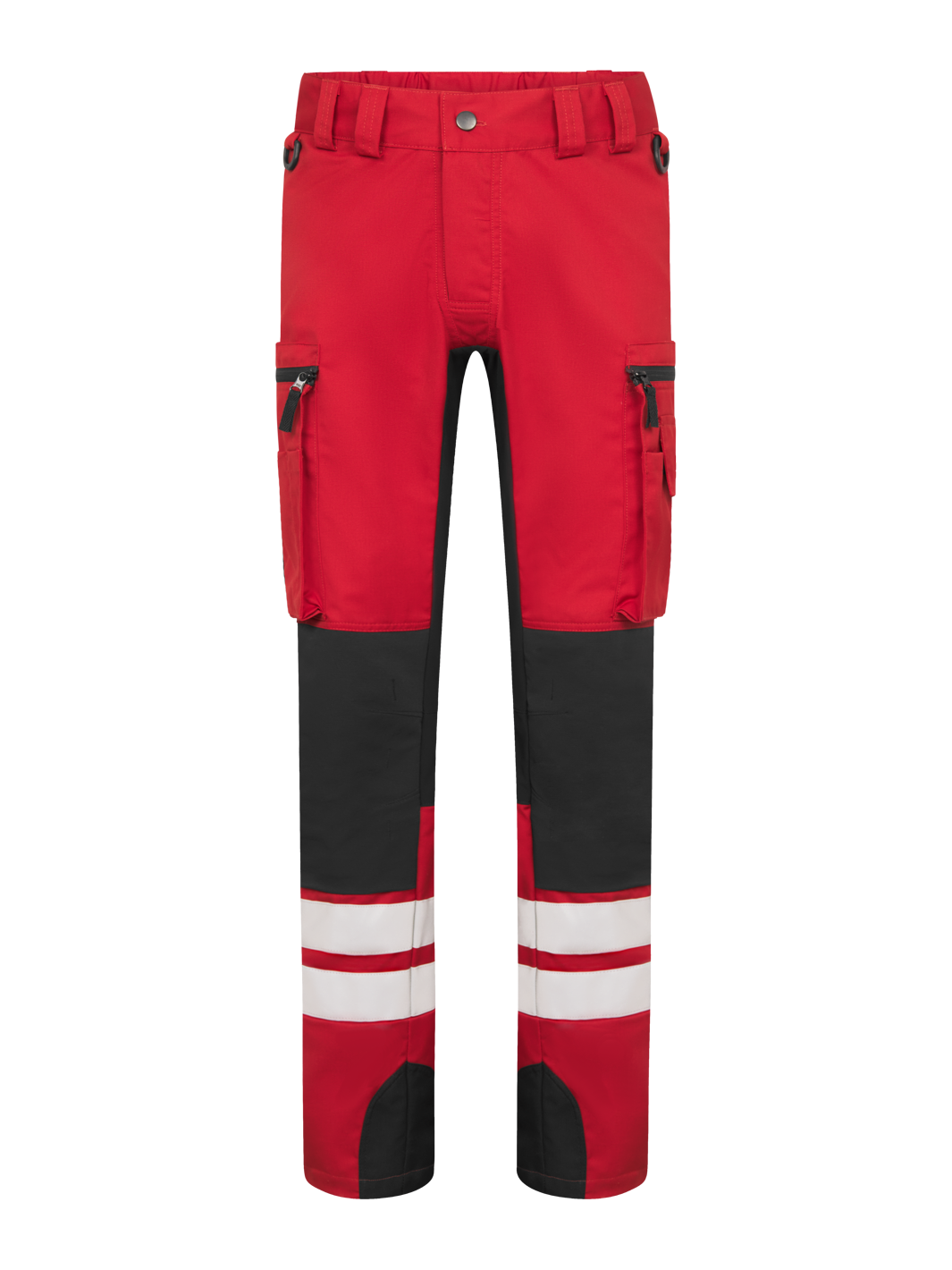 Punaiset Lanssi-malliston joustavat työhousut miehelle. Paljon taskuja, heijastinnauhat lahkeissa sekä D-lenkit vyötäröllä.