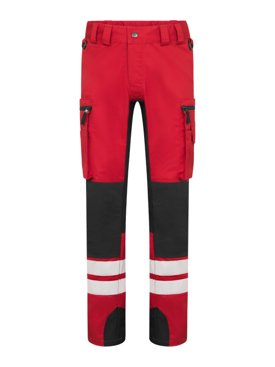 Punaiset Lanssi-malliston joustavat työhousut miehelle. Paljon taskuja, heijastinnauhat lahkeissa sekä D-lenkit vyötäröllä.