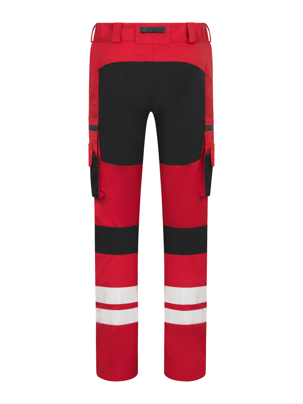 Punaiset Lanssi-malliston joustavat työhousut  takaapäin kuvattuna.