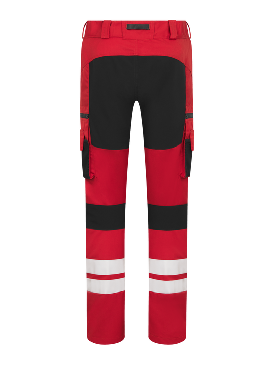 Punaiset Lanssi-malliston joustavat työhousut  takaapäin kuvattuna.