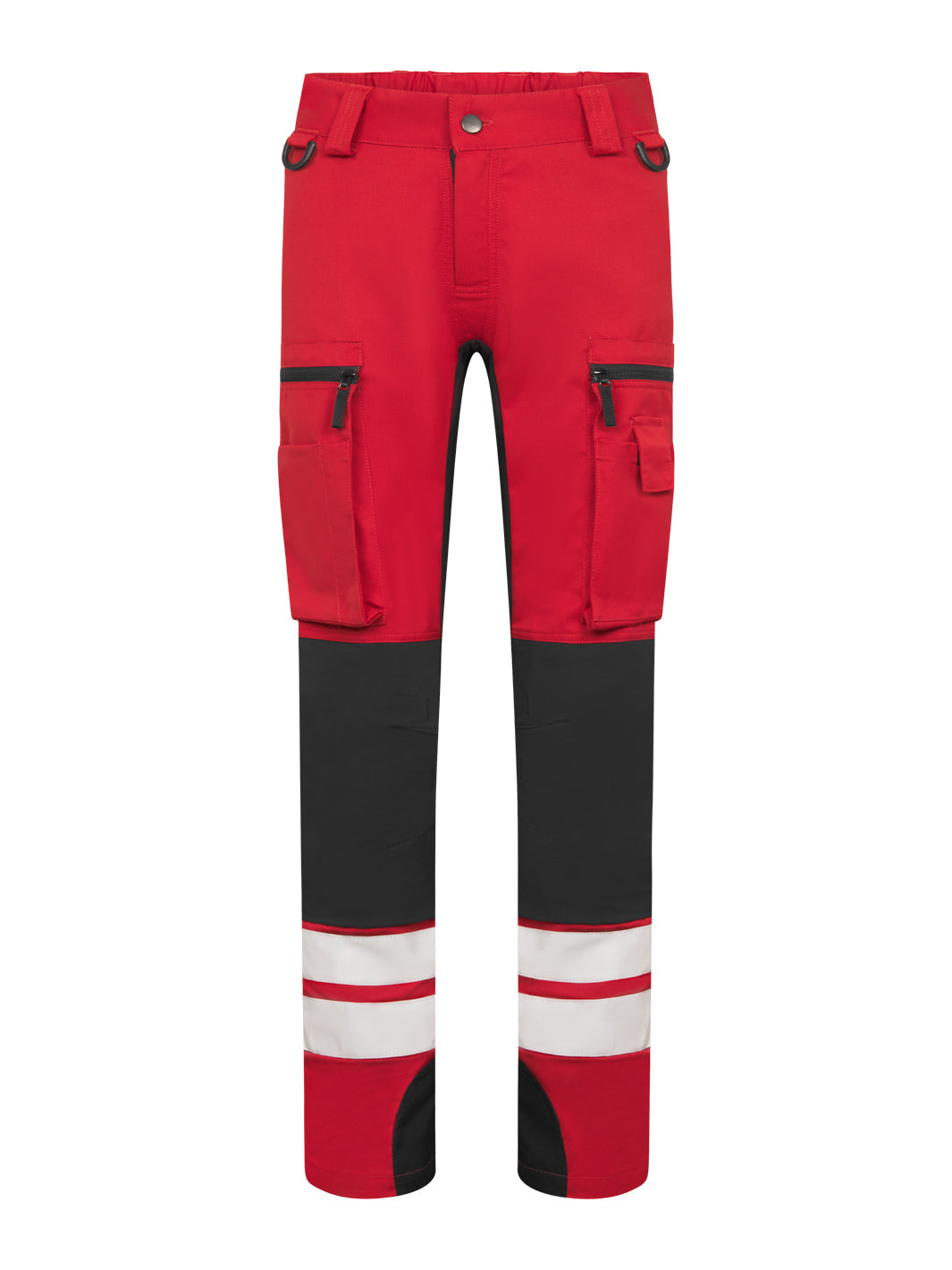 Punaiset Lanssi-malliston joustavat työhousut naiselle. Paljon taskuja, heijastinnauhat lahkeissa sekä D-lenkit vyötäröllä.