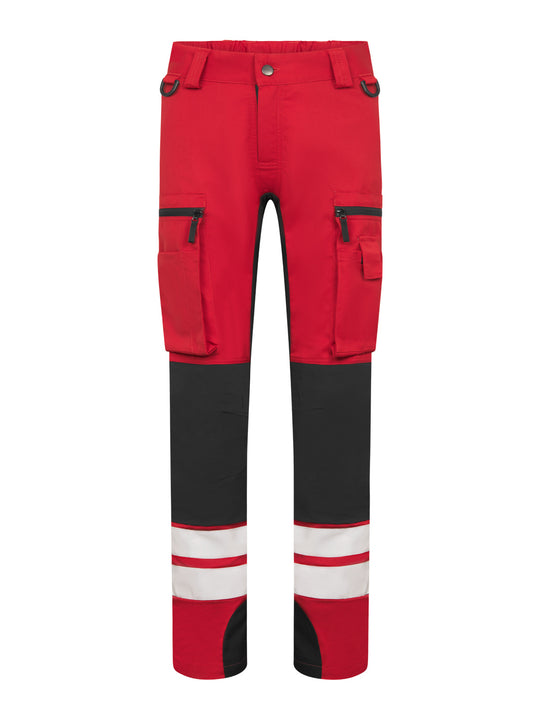 Punaiset Lanssi-malliston joustavat työhousut naiselle. Paljon taskuja, heijastinnauhat lahkeissa sekä D-lenkit vyötäröllä.