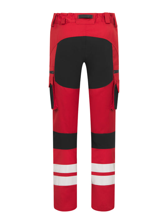 Punaiset Lanssi-malliston joustavat työhousut  takaapäin kuvattuna.