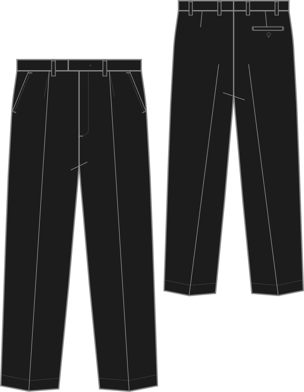 Perinteiset miesten mustat suorat housut vekeillä. Yksityiskohtina vyölenkit, sivutaskut ja takatasku nappikiinnityksellä. 