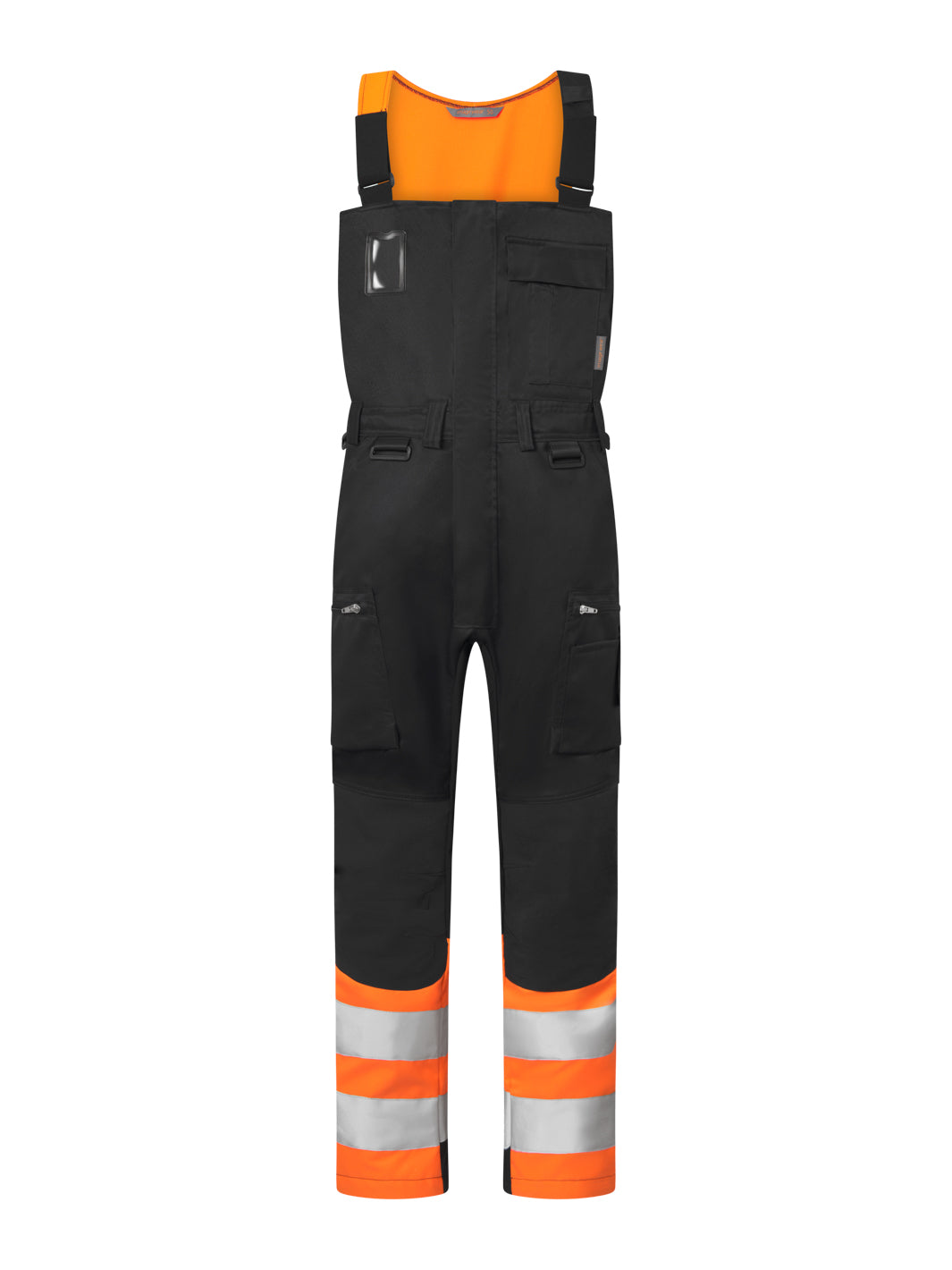 Image Wearin musta varoitusavohaalari oransseilla yksityiskohdilla. Haalarissa joustavat olkaimet säädettävällä tarrakiinnityksellä.
Selässä joustavaa kangasta.
Paljon taskuja.