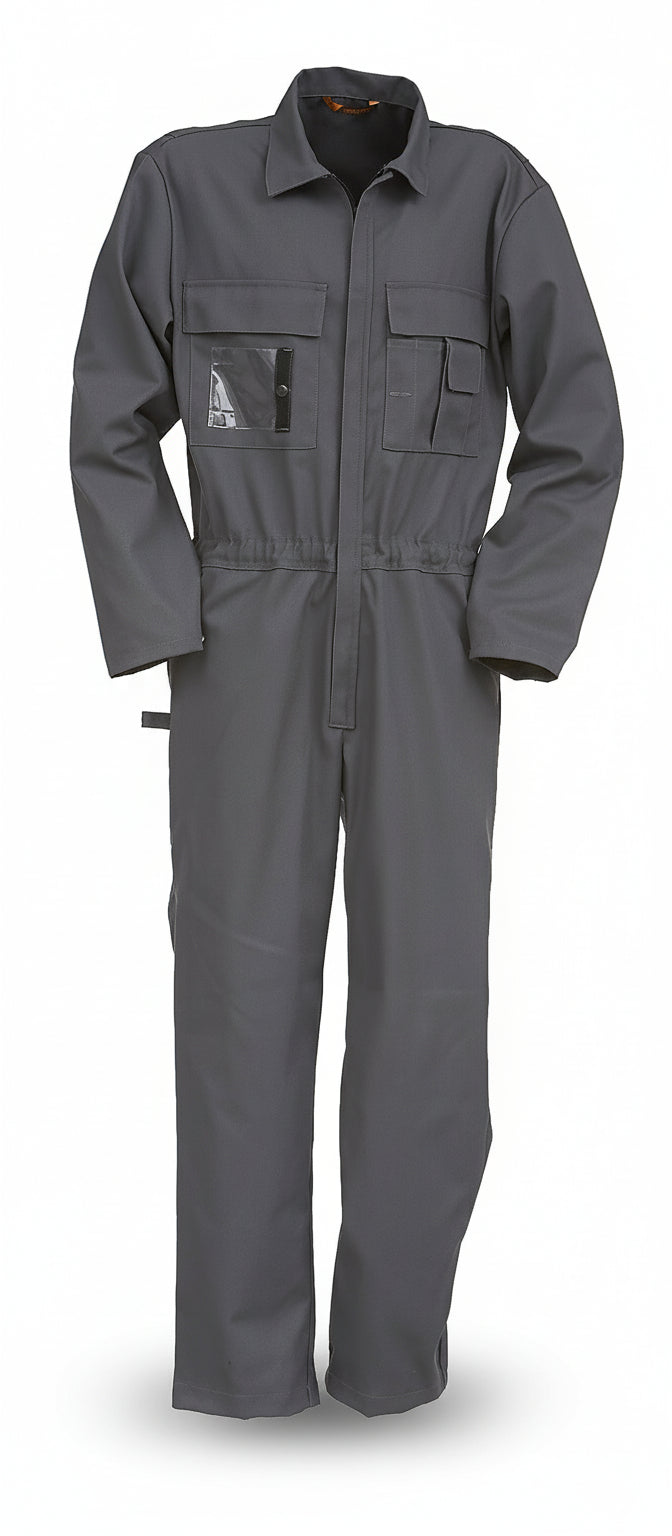 Harmaa pitkähihainen asentajan työhaalari. Edessä rintataskut lisätaskuineen ja vetoketjukiinnitys.
