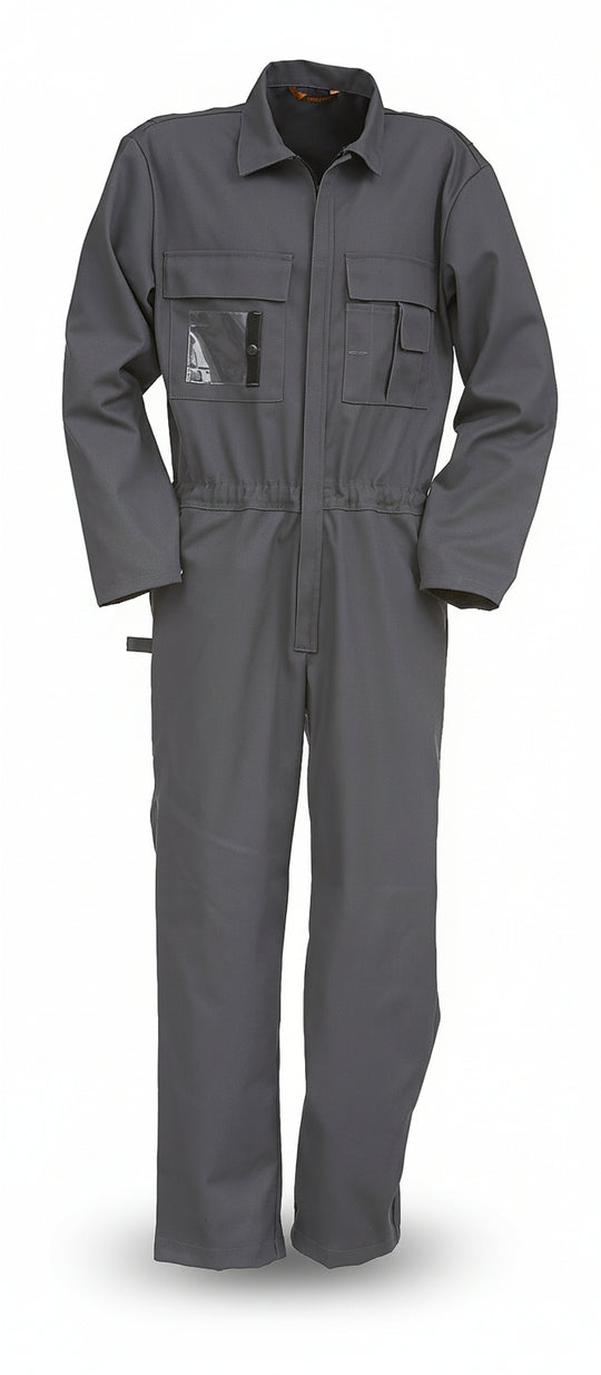 Harmaa pitkähihainen asentajan työhaalari. Edessä rintataskut lisätaskuineen ja vetoketjukiinnitys.