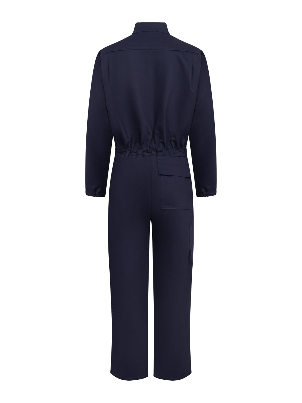 Tummansininen palosuojattu työhaalari takaapäin kuvattuna. 