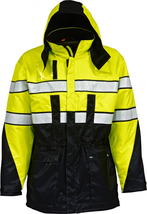 Image Wearin varoitusmaihari, lk2. Heijastinnauhat miehustassa ja hihoissa. Pieni pystykaulus ja huppu. Rintataskut ja läpälliset alataskut. Väri muuten näkyväkeltainen, mutta takin alaosa on musta.