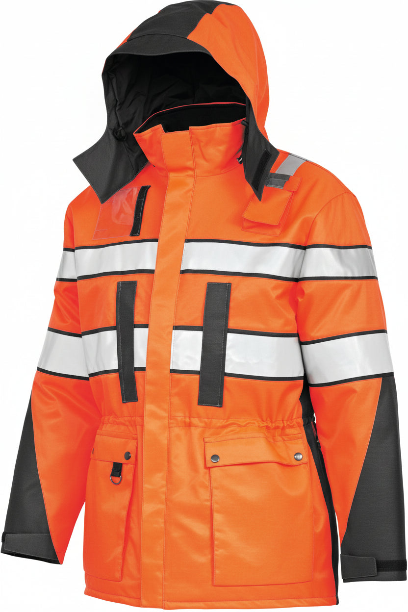 Näkyvä oranssi varoitusmaihari. Huppu, taskuja, heijastinnauhat. Edessä vetoketjukiinnitys listan alla. 