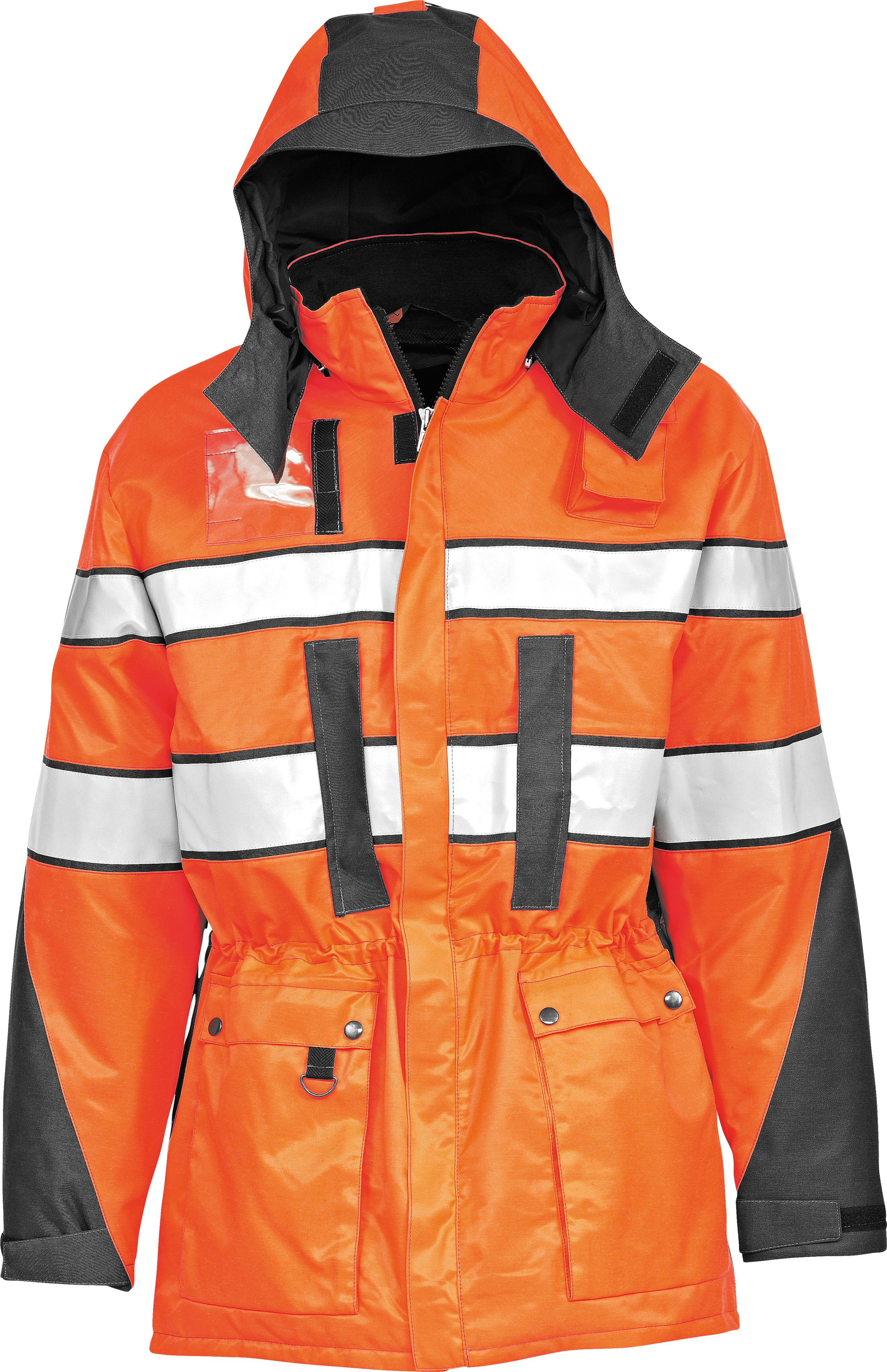 Image Wearin varoitusmaihari, lk3. Heijastinnauhat miehustassa ja hihoissa. Pieni pystykaulus ja huppu. Rintataskut ja alataskut. Väri muuten näkyvä oranssi, mutta mustia yksityiskohtia. 