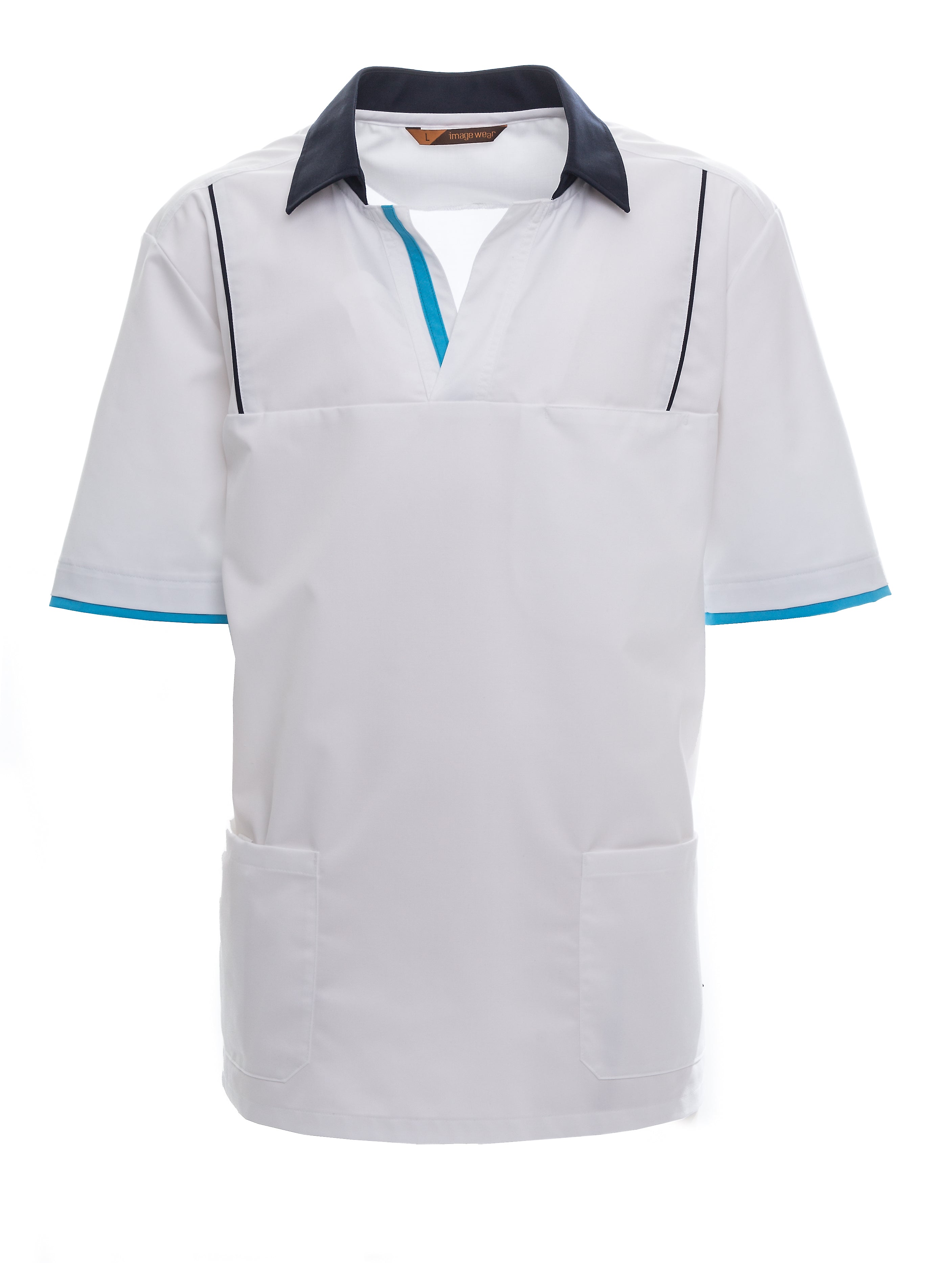 Valkoinen lyhythihainen Image Wearin toimipaikkapusero. Kaulukset tummansiniset ja edessä ja hihansuissa pienet turkoosi koristeraidat. 
