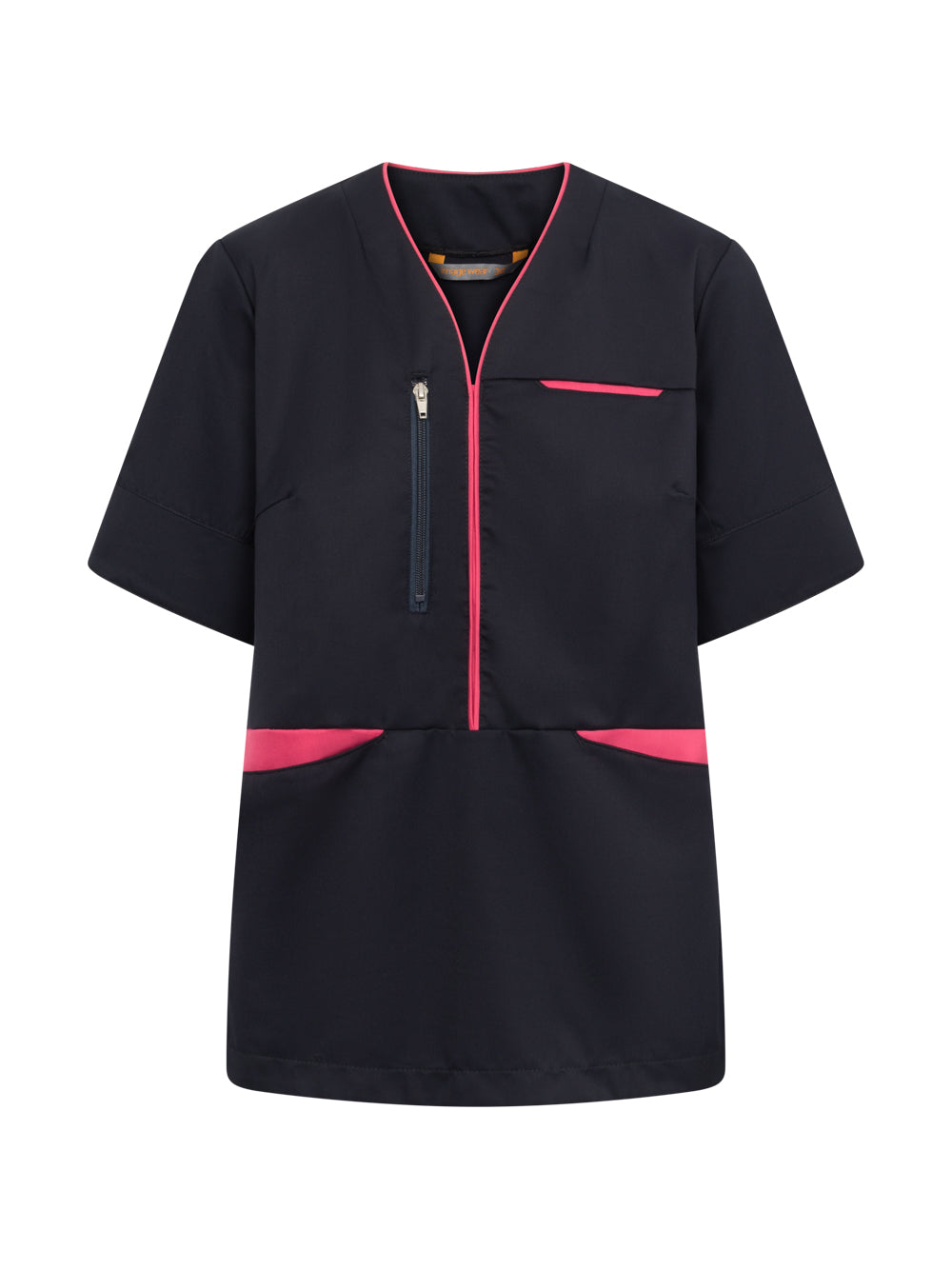 Tummansininen hoitoalan lyhythihainen tunika, jossa aniliinin värisiä osia. Rintatasku, vetoketjutasku ja alataskut. 