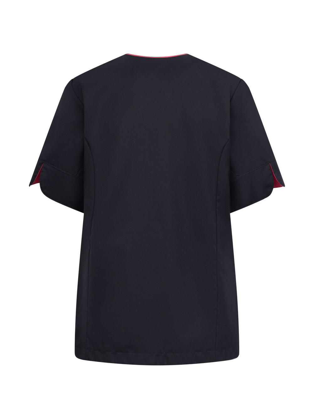 Tummansininen hoitoalan lyhythihainen tunika takaapäin kuvattuna. 