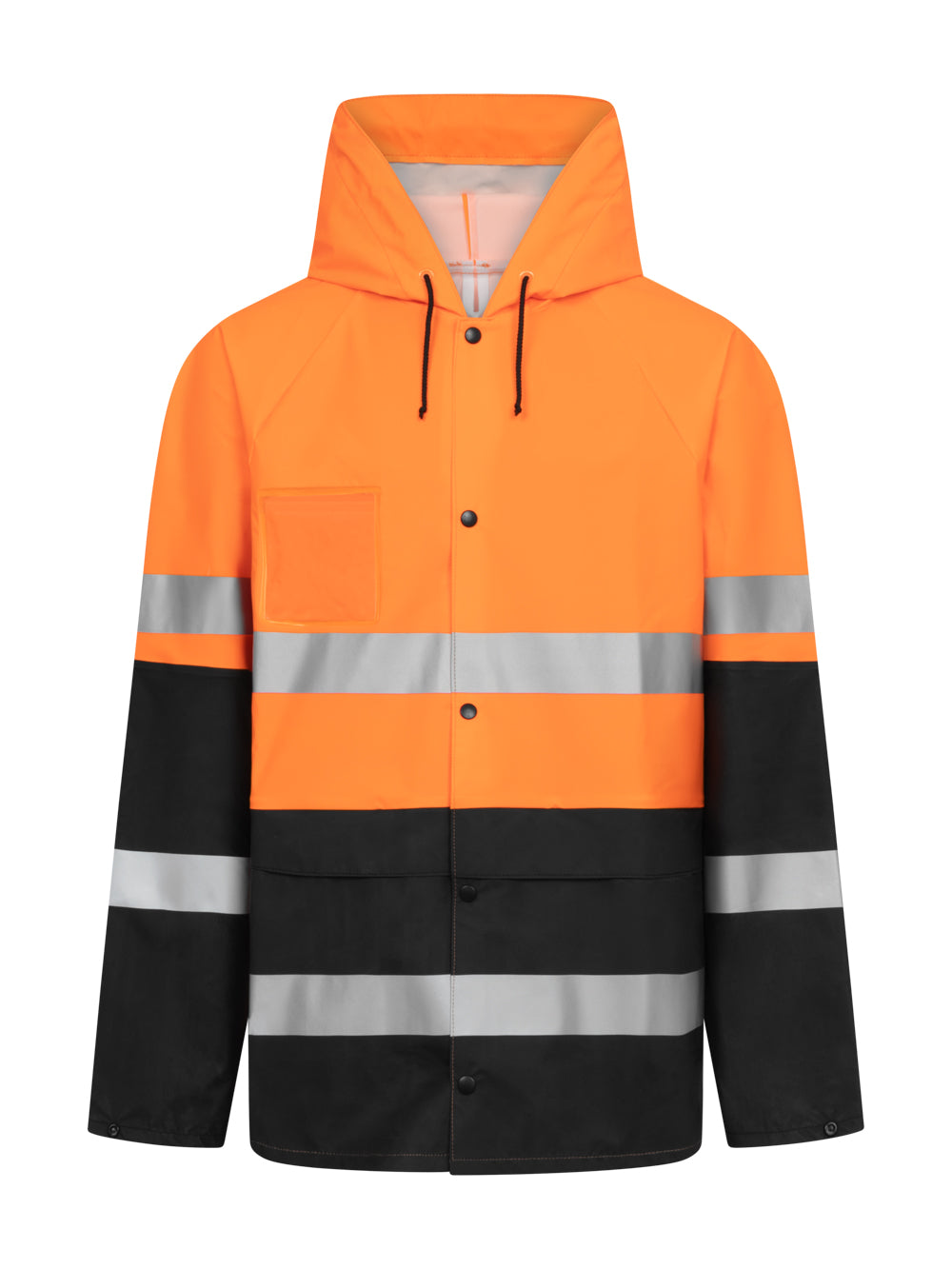 Oranssi-musta varoitussadetakki. Huppu, heijastinnauhat, taskut edessä alhaalla ja henkilökorttikotelo.  