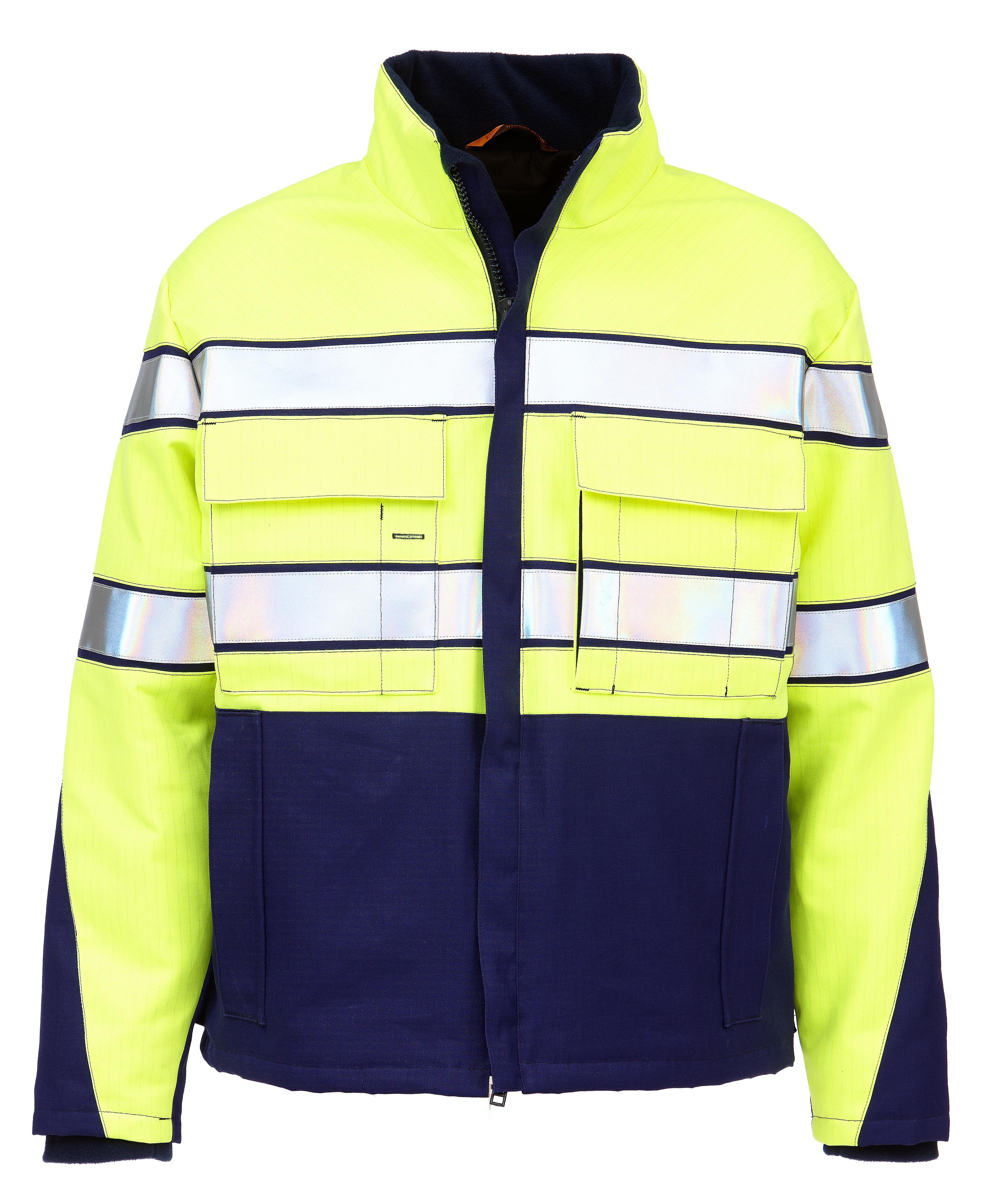 Palosuojattu varoitustakki sinikeltaisessa värityksessä. Heijastinnauhat. Paljon taskuja. 