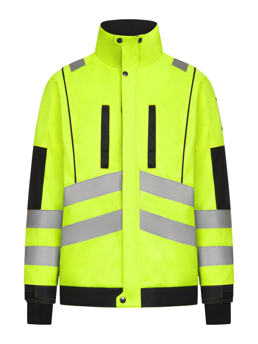Image Wearin varoitustalvitakki. Heijastinnauhat olalla, miehustassa ja hihoissa. Pieni pystykaulus. Vetoketjulliset rintataskut ja alataskut. ID korttikotelo hihassa. Väri muuten näkyvä keltainen, mutta takissa mustia yksityiskohtia mm. resorit ja helma.