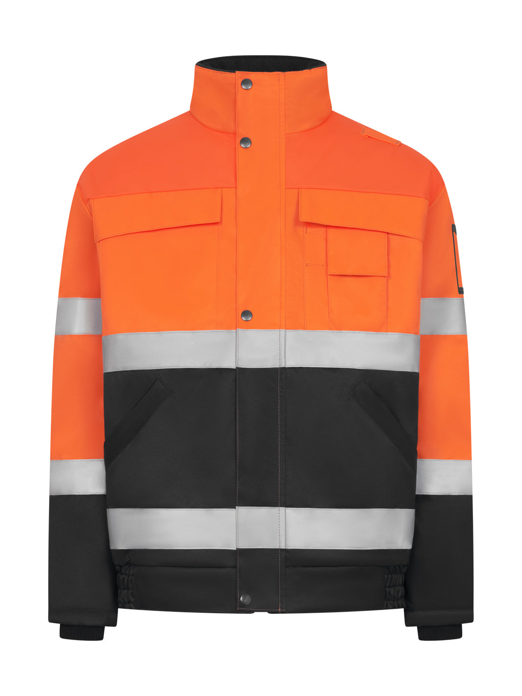 Miesten näkyvä oranssi-musta talvitakki. Runsaasti taskuja. Neppareilla suljettava etulista. Heijastimet hihoissa, vyötäröllä ja lantiolla. Resorihihansuut. Pidennetty takahelma.