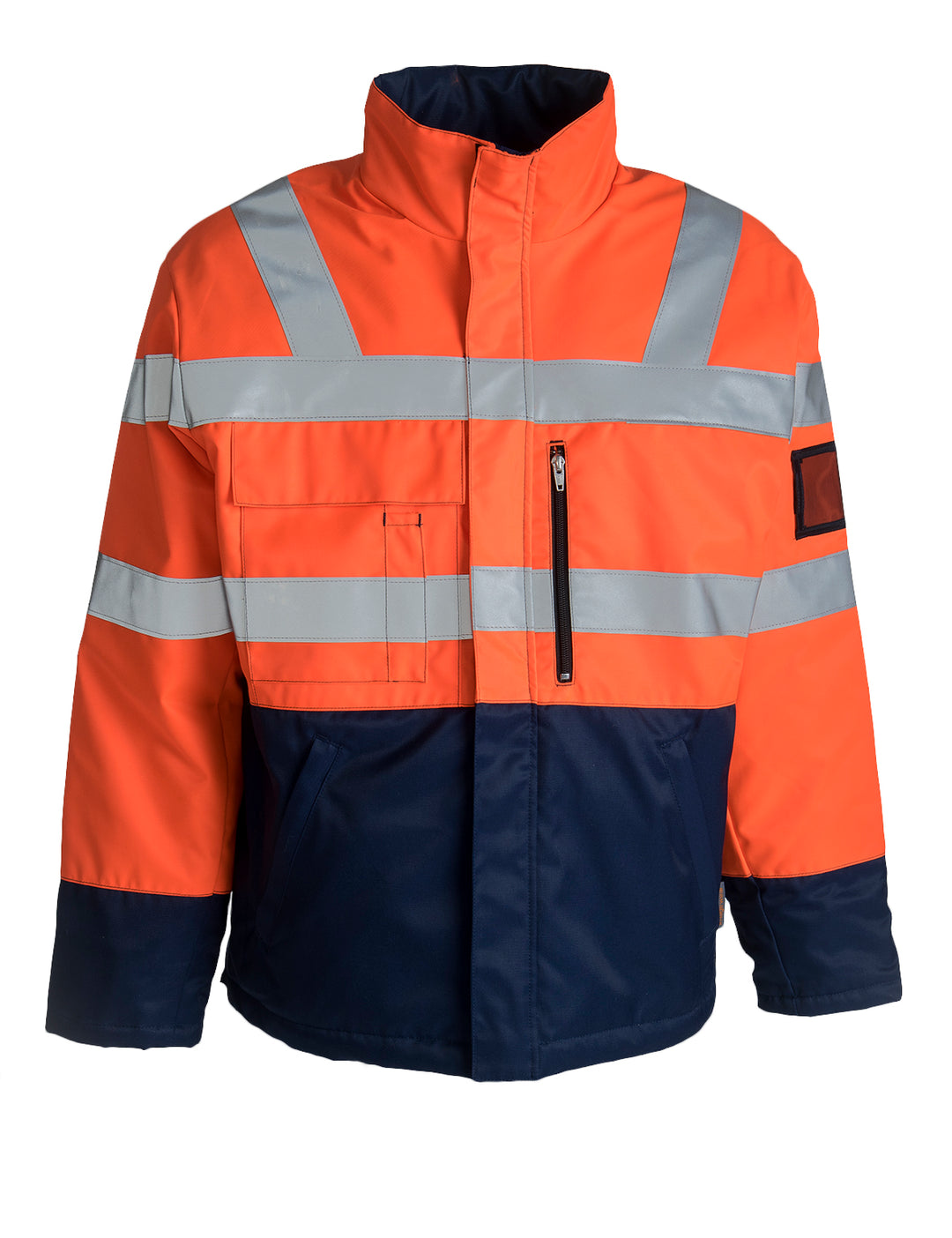 Image Wearin varoitustalvitakki. Heijastinnauhat olalla, miehustassa ja hihoissa. Pieni pystykaulus. Vetoketjullinen rintatasku ja alataskut. ID korttikotelo hihassa. Väri muuten näkyvä oranssi, mutta takin alaosa tummansininen.