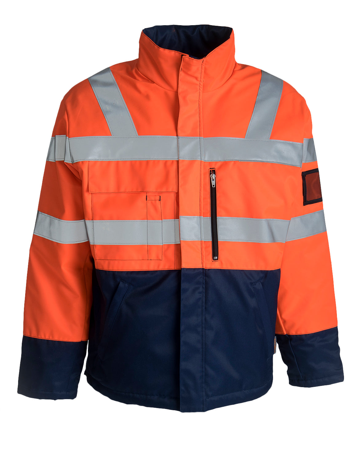 Image Wearin varoitustalvitakki. Heijastinnauhat olalla, miehustassa ja hihoissa. Pieni pystykaulus. Vetoketjullinen rintatasku ja alataskut. ID korttikotelo hihassa. Väri muuten näkyvä oranssi, mutta takin alaosa tummansininen.