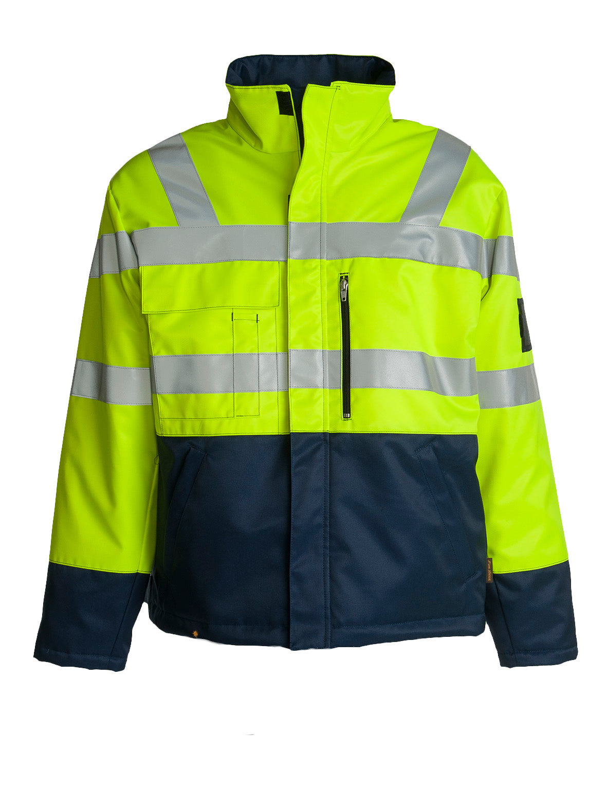 Image Wearin varoitustalvitakki. Heijastinnauhat olalla, miehustassa ja hihoissa. Pieni pystykaulus. Vetoketjullinen rintatasku ja alataskut. ID korttikotelo hihassa. Väri muuten näkyvä keltainen, mutta takin alaosa tummansininen.