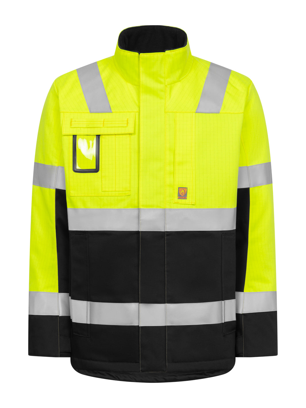 Kelta-musta palosuojattu varoitustakki. Heijastinnauhat olalla, hihoissa ja miehustassa. Rintataskut ja alataskut. Pieni pystykaulus. Vetoketjukiinnitys edessä suojalistan alla. 