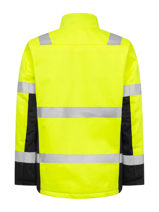 Takakuva keltaisesta palosuojatusta varoitustakista. Heijastinnauhat olalla, hihoissa ja miehustassa. 