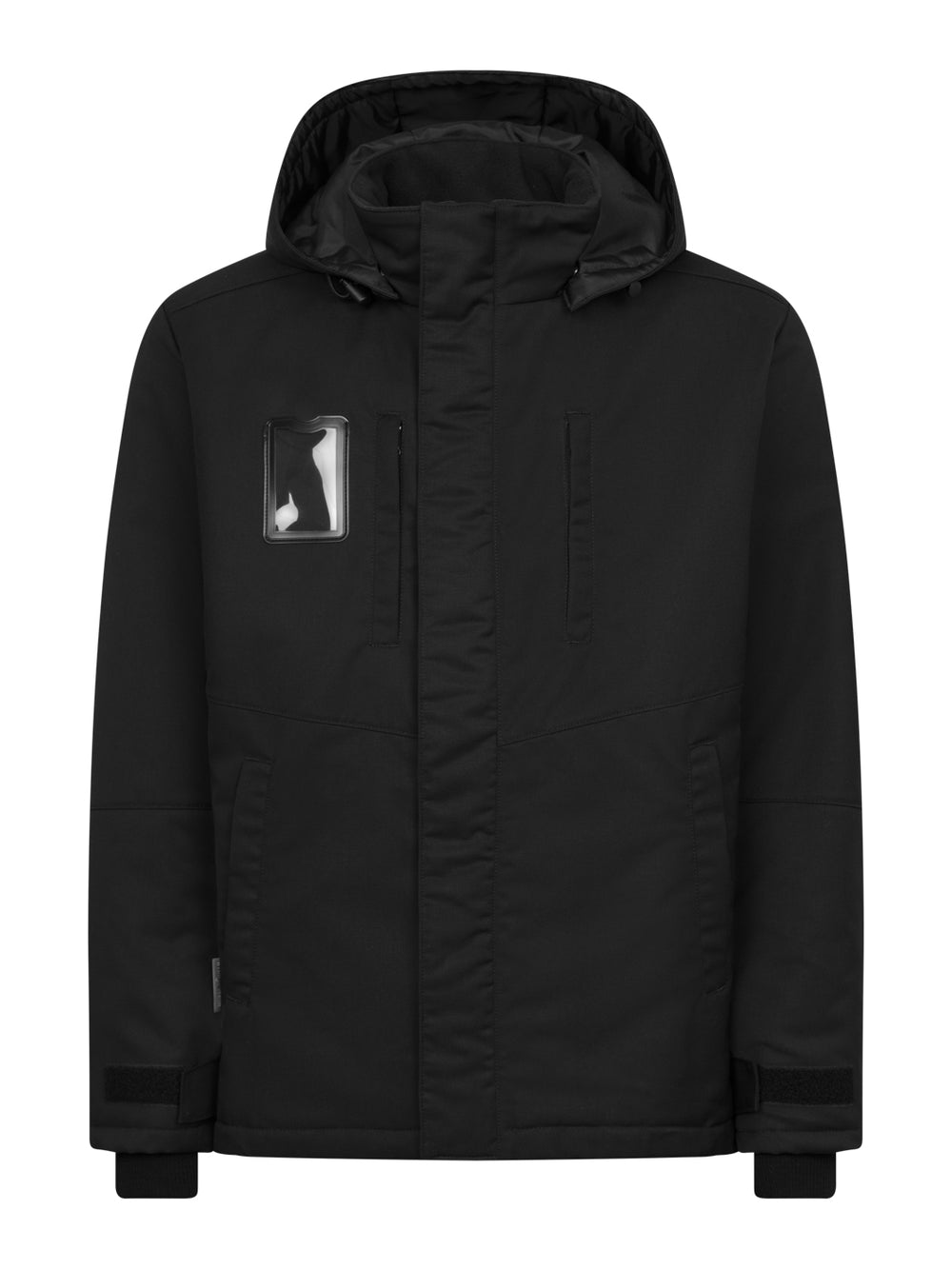 Musta Pyry talvitakki, jossa irrotettava huppu. Etulistan alla vetoketju. Vetoketjulliset rinta- ja alataskut. ID käyntikorttikotelo. Hihansuissa resorit. 