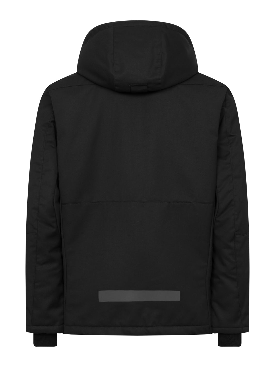 Musta, hupullinen Pyry talvitakki takaapäin kuvattuna. Selässä alhaalla heijastinnauha. 