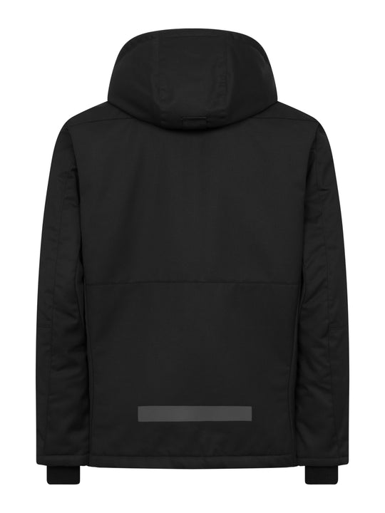 Musta, hupullinen Pyry talvitakki takaapäin kuvattuna. Selässä alhaalla heijastinnauha. 