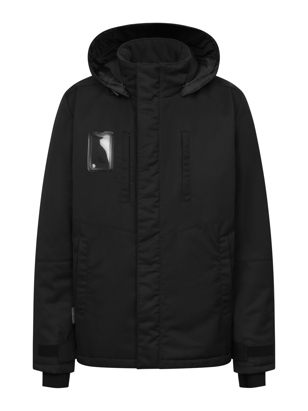 Musta talvitakki Pyry naisten mitoituksella.  Hyvät, tilavat taskut ja huppu sekä ID korttikotelo. Hihansuissa resorit. 