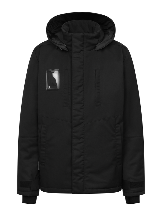 Musta talvitakki Pyry naisten mitoituksella.  Hyvät, tilavat taskut ja huppu sekä ID korttikotelo. Hihansuissa resorit. 