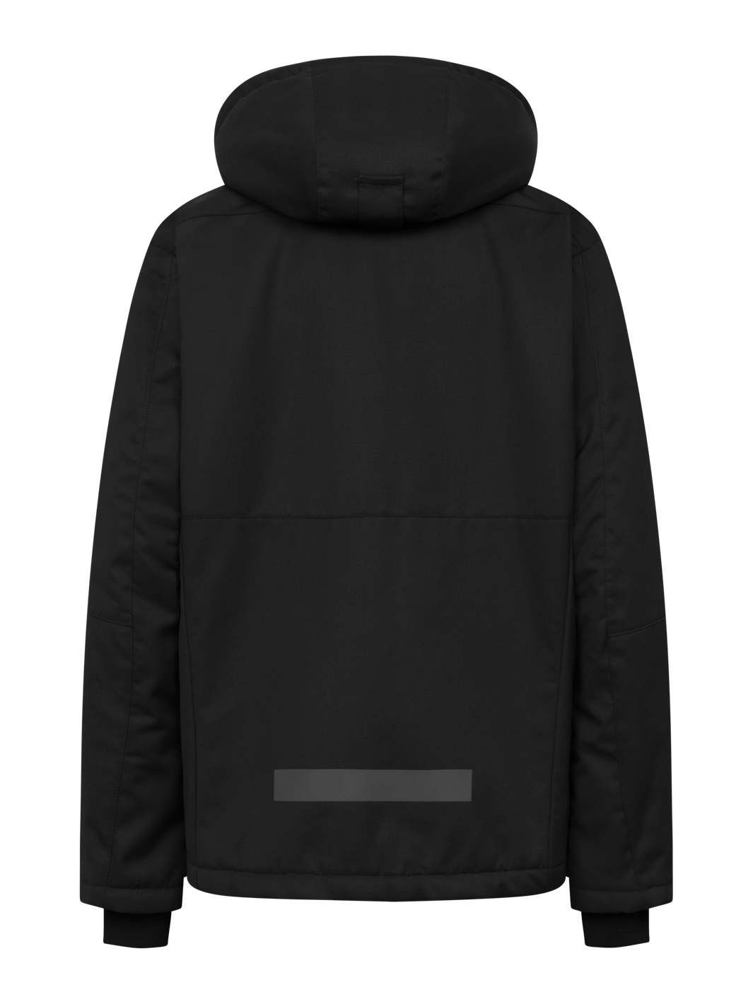 Naisten musta pyry talvitakki takaa päin kuvattuna. Hupullinen. 