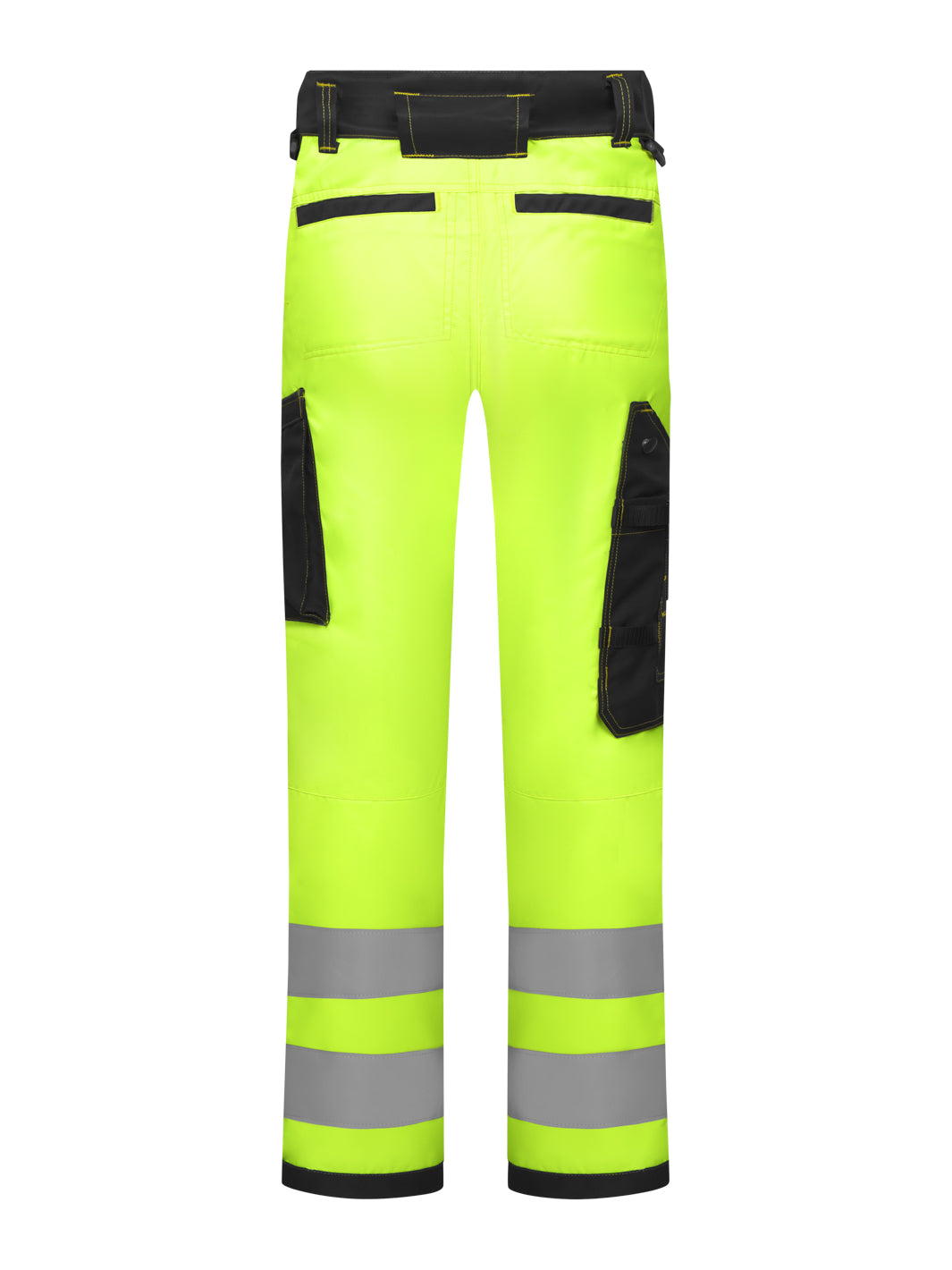 Näkyvät keltaiset talvivaroitushousut takaapäin kuvattuna. Takaa korotettu vyötärö ja säädettävät, joustavat olkaimet. Vyölenkit. Lahkeissa heijastinnauhat. 