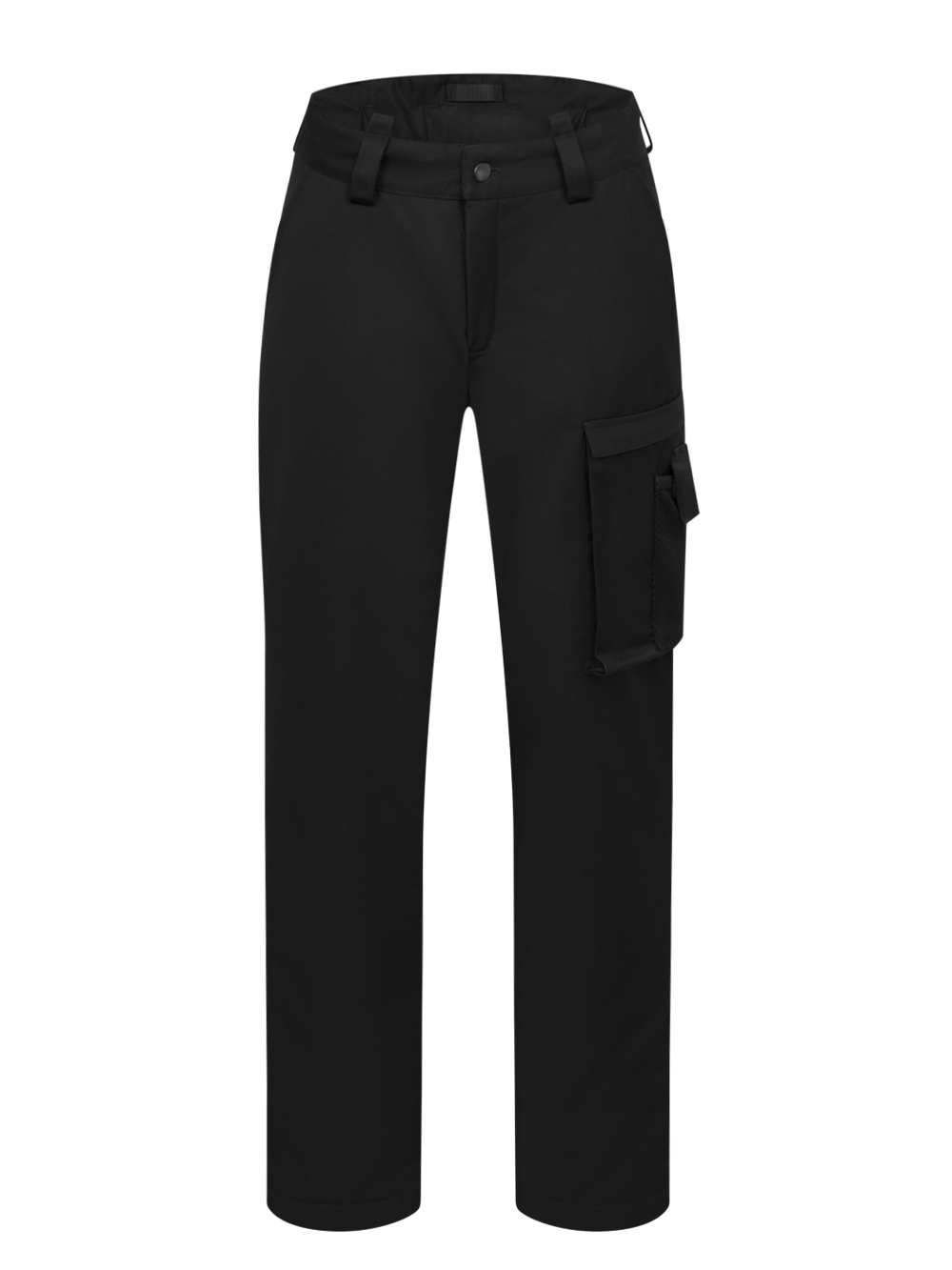 Kuvassa Image Wearin mustat naisten Pyry talvihousut. Vasemmalla iso reisitasku, sivutaskut, vyönlenkit ja nappi-vetoketjukiinnitys edessä. Vyötäröä korotettu takaa ja takana lisäksi leveämpi kaitale, jotta  vyö pysyy paremmin paikoillaan. 